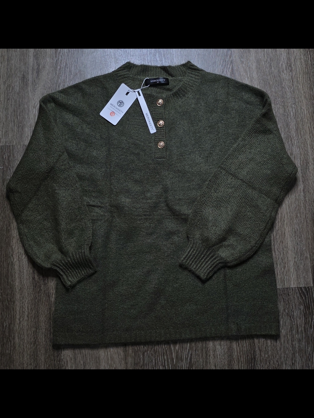 Men's Olive Green Henley Knit Sweater - MEROKEETY Size M
